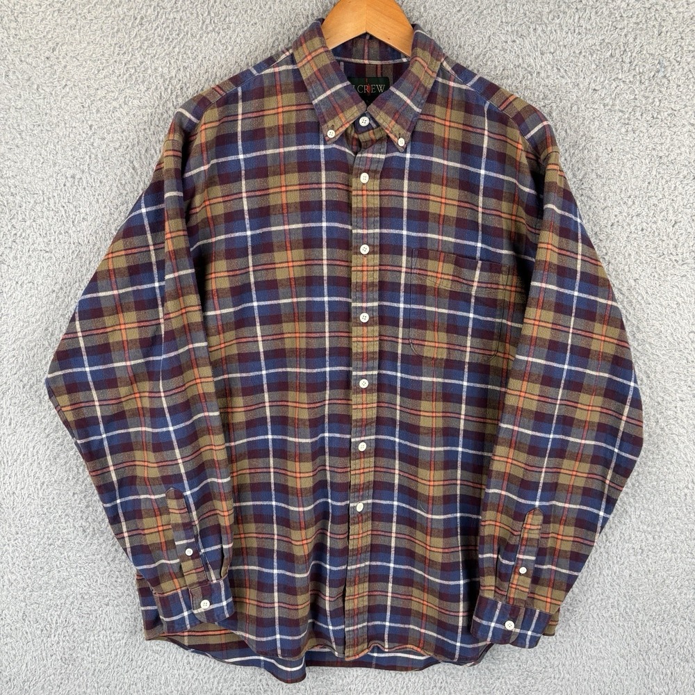 Vintage J Crew Oarsman Flannel Shirt Mens Large Blue Brown Plaid 90s *READ*